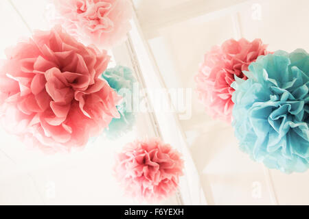 Pink and Blue Tissue Paper Pom Poms hanging from the roof rafters Stock Photo