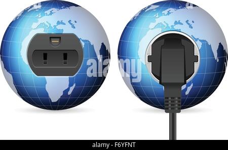 World globe with outlet socket and plug on white background. Stock Vector