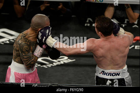 Las Vegas, Usa. 21st Nov, 2015. (in Blue/Gray) Mexico's Canelo Alvarez goes 12 round with Puerto Rico's Miguel Cotto Saturday. Canelo Alvarez took the win by unanimous decision over Miguel Cotto for the WBC middleweight title at the Mandalay Bay hotel in Las. Photo by Gene Blevins/LA DailyNews/ZumaPress Credit:  Gene Blevins/ZUMA Wire/Alamy Live News Stock Photo