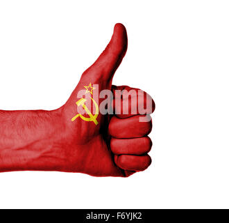 Closeup of male hand showing thumbs up sign, flag of USSR Stock Photo