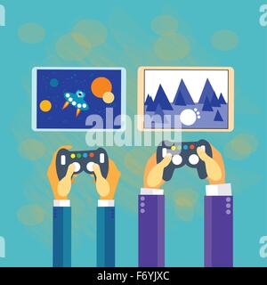 Business Man Hands Gamer Play Tablet Video Game Screen Stock Vector