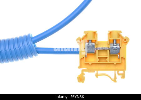 Electrical cables with terminal block isolated on white background Stock Photo