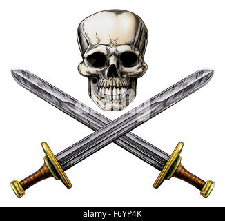 A human skull and crossed swords pirate style sign in a woodblock style Stock Photo