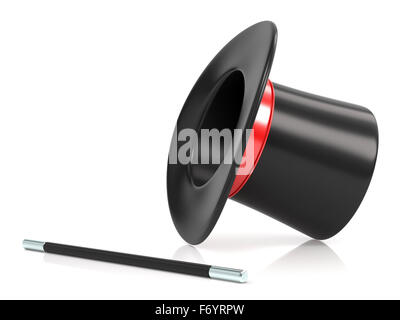 Magic wand and hat. 3D render illustration isolated on white background Stock Photo
