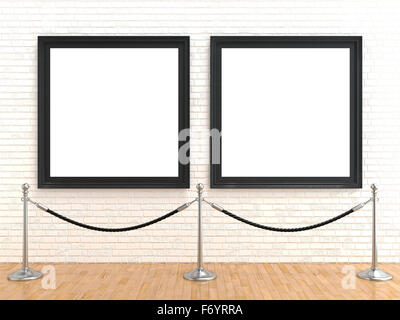 Two blank picture frame on brick wall, with stand rope barriers, 3D rendering illustration isolated on white background Stock Photo