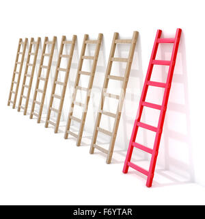 Seven wooden ladders leaning against a wall, one is red. 3D rendering illustration isolated on white background Stock Photo