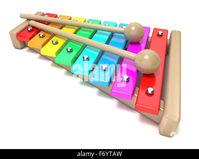 Xylophone with rainbow colored keys and with two wood drum sticks. 3D render isolated on white background. Wooden toy. Percussio Stock Photo