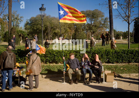 Barcelona, Catalonia, Spain. 22nd Nov, 2015. In this sunny sunday a men holds a estelada flag (symbol of catalan independence) at Ciutadella Park of Barcelona, Spain on 22 November, 2015. More than three thousand people have gathered in the Parc de la Ciutadella in Barcelona demanding an agreement between the two independentist parties in the Catalan Parliament (Junts Pel Si and CUP). The inability to elect a president for Catalan parliament has stalled the process of independence. Credit:  Jordi Boixareu/ZUMA Wire/Alamy Live News Stock Photo