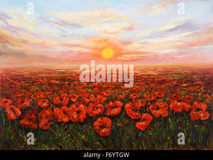 Original oil painting of Opium poppy( Papaver somniferum) field in front of beautiful sunset  on canvas.Modern Impressionism,mod Stock Photo
