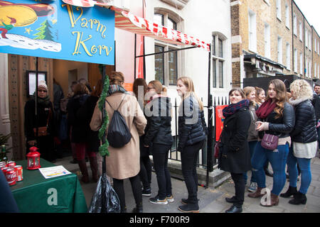 London, UK. 22nd November 2015. Crowds attend this year's Swedish Christmas Market at the Swedish Church. Market stalls bring the spirit of traditional Swedish Christmas to London with a wide range of Swedish food, drink and hand crafted items. Credit: Nathaniel Noir/Alamy Live News Stock Photo