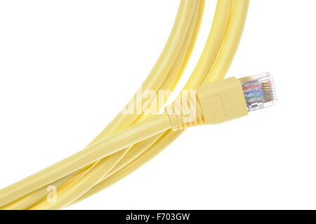 Yellow computer network cable plug isolated on white background Stock Photo