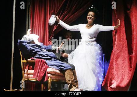 American Canyon, CA, USA. 19th Nov, 2015. Jordan Jackson plays Ebenezer Scrooge, left, and Kezia Warioba plays the Ghost of Christmas Present, during the dress rehearsal of A Christmas Carol at American Canyon High School on Thursday.during the dress rehearsal of A Christmas Carol at American Canyon High School on Thursday. © Napa Valley Register/ZUMA Wire/Alamy Live News Stock Photo