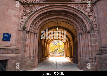 View of Yale University at the arched gate at Vanderbilt Hall on an autumn day. Stock Photo