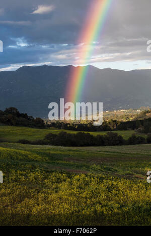 Oak View, California, USA, March 1, 2015, full rainbow over rain storm in Ojai Valley Stock Photo