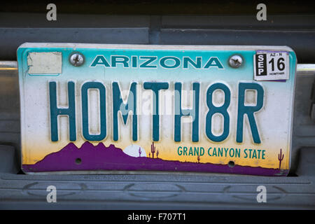 Arizona, Tucson, USA, vanity license plate says 'Home Theater' Stock Photo