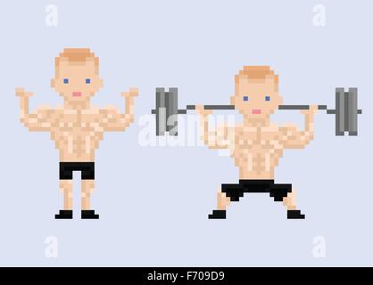 Pixel art character athlet bodybuilder lifting weight Stock Vector