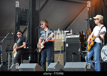 Ottawa, Canada -June 23, 2013: Patrick Pentland, L, Chris Murphy, C, and Jay Ferguson, R, of the popular Canadian rock band Sloan perform at the Dragon Boat Race festival in Ottawa, Ontario. Stock Photo