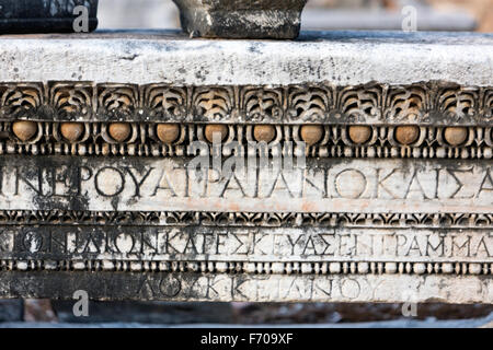 Trajan encryption in Trajan temple, Ephesus, an ancient Greek city on the coast of Ionia, Stock Photo