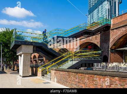 New (Sept. 2015) access steps to Deansgate-Castlefield tram stop, Whitworth Street West, Manchester, England, UK Stock Photo