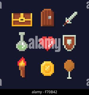 Vector pixel art illustration isons for fantasy adventure game development, magic, sword, food, chest, coin, Stock Vector