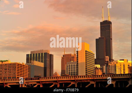 A portion of Chicago's west Loop skyline, dominated by the Willis Tower (formerly the Sears Tower) reflect the setting sun. Chicago, Illinois, USA. Stock Photo