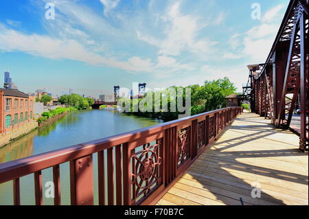 The Cermak Road Bridge over the South Branch of the Chicago River as it winds through the near south side of the city. Chicago, Illinois, USA. Stock Photo