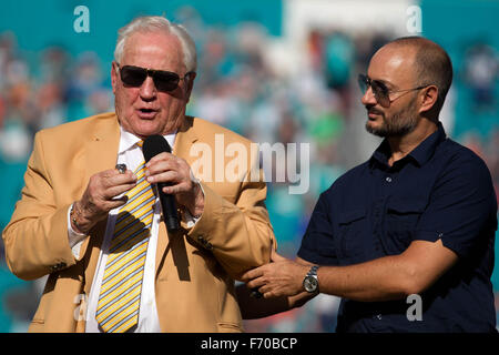 Former Miami Dolphins head coach Don Shula celebrates with teammates of the  1972 Miami Dolphins perfect season team as they were honored during  halftime of the Miami Dolphins Buffalo Bills game at