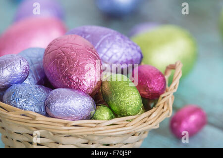 Pastel color Easter chocolate eggs in a basket, closeup Stock Photo