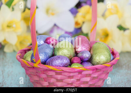 Pastel color chocolate eggs in a pink Easter basket Stock Photo