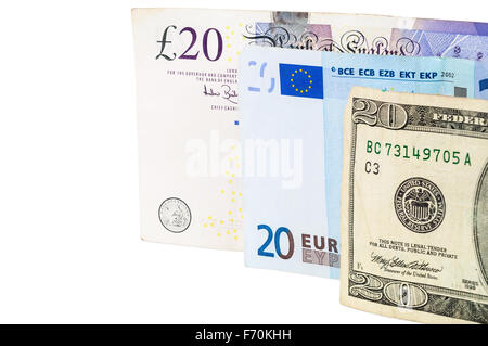 Banknotes of 20 pounds euro and dollars isolated on white background with clipping path Stock Photo