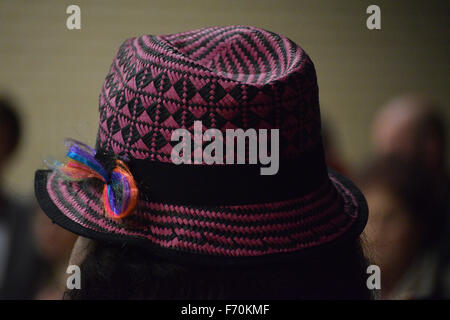 Dallas, Texas, USA. 22nd Nov, 2015. Protester at Dallas police headquarters wearing hat with LGBT ribbon. Credit:  Brian T. Humek/Alamy Live News Stock Photo