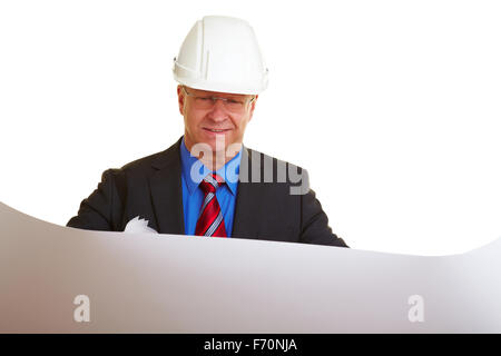 Architect with white helmet holding building plans Stock Photo
