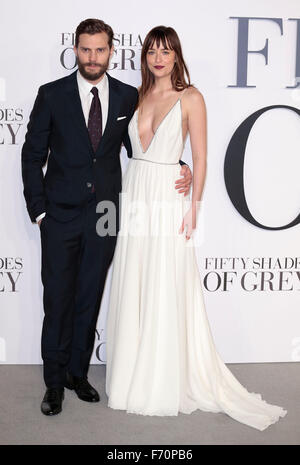 Feb 12, 2015 - London, England, UK - Jamie Dornan and Dakota Johnson at Fifty Shades of Grey UK Premiere Stock Photo