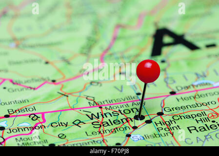 Winston Salem pinned on a map of USA Stock Photo