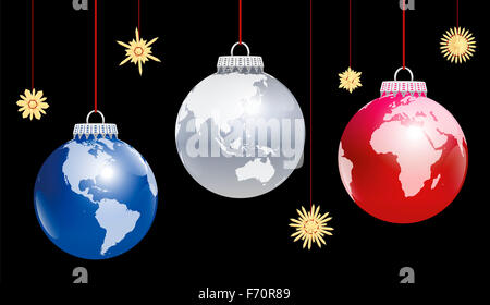 Christmas balls planet earth - three different angles of view. Three-dimensional illustration on black background. Stock Photo