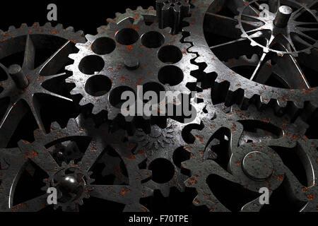 Technology background from rusty metal gears and cogwheels on black. Highly detailed render. Stock Photo