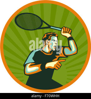 Illustration of a tennis player holding racquet pointing viewed from the side set inside circle done in retro style. Stock Photo