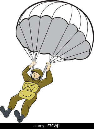 Illustration of an American World War two paratrooper soldier serviceman with parachute on isolated white background done in cartoon style. Stock Photo