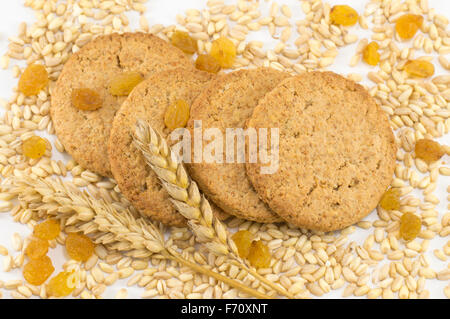 Integral cookies with raisins and yellow wheat plant on white background Stock Photo