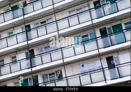 Block of deck access flats on a council estate; now considered unsuitable for modern housing needs; with the external stairs UK Stock Photo