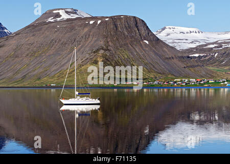 Boat harbour and landscape, Isafjordur, Westfjords, Iceland, Europe. Stock Photo