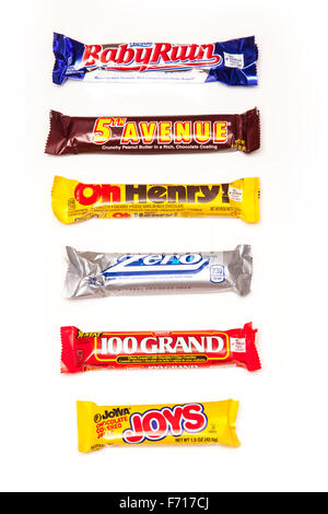 A selection of American Chocolate candy bars isolated on a white studio background. Stock Photo