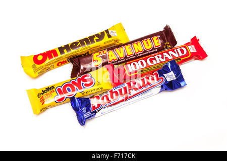 A selection of American Chocolate candy bars isolated on a white studio background. Stock Photo