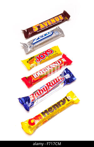 A selection of American Chocolate candy bars isolated on a white studio background. Stock Photo