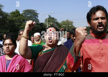 Dhaka, Bangladesh. 23rd Nov, 2015. Bangladeshi secular activists protest against a strike in Dhaka, Bangladesh, Nov 23, 2015. The Jamaat-e-Islami religious political organization has called day-long strike to protest against its leader's execution for war crimes during the Bangladesh Liberation War at 1971. On November 22, Bangladesh hanged two top opposition leaders for war crimes during the Bangladesh Liberation war. Credit:  Suvra Kanti Das/ZUMA Wire/Alamy Live News Stock Photo