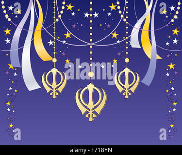 an illustration of a Sikh celebration greeting card with golden holy symbol ribbons and stars on a purple background Stock Photo