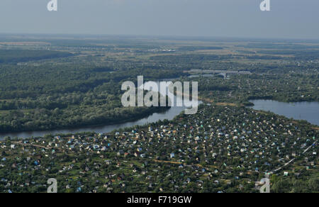 Neighborhoods of Kovrov from the air, collective gardens, river Klyazma. Vladimir region, Russia Stock Photo