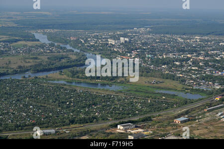 Kovrov city and  its surroundings from the air, collective gardens, river Klyazma. Vladimir region, Russia Stock Photo