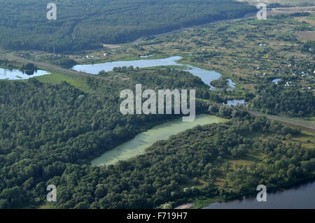 Neighborhoods of Kovrov from the air, the old river bed Klyazma and railway. Vladimir region, Russia Stock Photo
