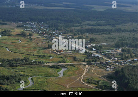 Neighborhoods of Kovrov from the air, river Nerekhta and village Pogost. Vladimir region, Russia Stock Photo